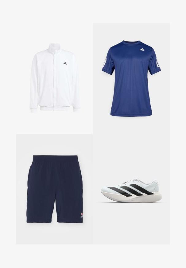 Valge kerge jakk, millel on seisev krae, ees lukuga kinnitus, küljetaskud ja must Adidas logo vasakul rinnal. Pehme tekstuur.; Tume sinine lühikeste varrukatega spordisärk, mis on valmistatud siledast kangast, ümmarguse kaelaauguga ja valge logoga vasakul ülemisel rinnaosal.; Tumed sinised sportlikud lühikesed püksid, mis on valmistatud hingavast kangast, elastse vöökoha ja väikese logo märgiga vasakul alumisel küljel.; Kerged jooksujalatsid helesinises värvuses mustade triipudega. Omavad siledat pealispinda, ümarat varvase osa ja paksu valget vahemõõtu, millel on silt "LIGHTSTRIKE PRO".