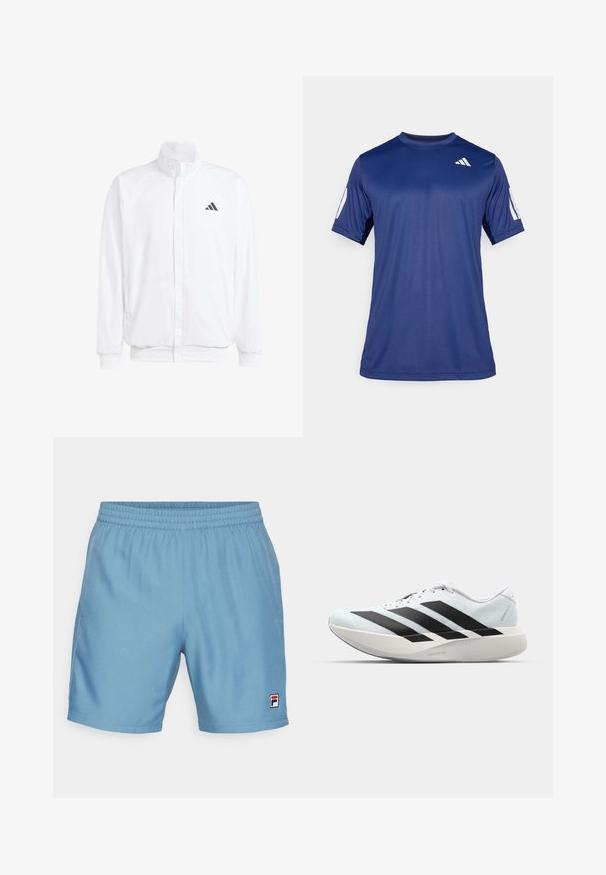 Bílá lehká bunda s stojatým límcem, předním zipem, bočními kapsami a černým logem Adidas na levé hrudi. Měkká textura.; Námořnicky modré sportovní tričko s krátkým rukávem z hladké tkaniny, s kulatým výstřihem a bílým logem na levém horním prsu.; Fila SHORTS LEO - Sportovní kraťasy - captains bue; Lehké běžecké boty v světle modré barvě s černými pruhy. Mají hladký svršek, kulatou špičku a silnou bílou mezipodešev označenou "LIGHTSTRIKE PRO."