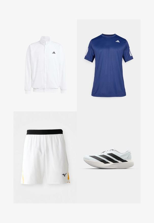 Weiße leichte Jacke mit Stehkragen, durchgehendem Reißverschluss, seitlichen Taschen und schwarzem Adidas-Logo auf der linken Brust. Weicher Stoff.; Marineblaue kurzärmelige Sportshirt aus glattem Material, mit Rundhalsausschnitt und einem weißen Logodetail auf der oberen linken Brust.; Weiße Sportshorts mit schwarzem elastischem Bund und gelben seitlichen Akzenten, mit einem kleinen schwarzen Sportmarkenlogo am rechten Bein.; Leichte Laufschuhe in hellblau mit schwarzen Streifen. Sie verfügen über ein glattes Obermaterial, eine runde Zehenpartie und eine dicke weiße Zwischensohle, die mit "LIGHTSTRIKE PRO" beschriftet ist.