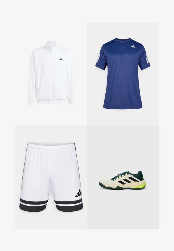 Casaco leve branco com colarinho alto, fecho frontal com zipper, bolsos laterais e um logótipo preto da Adidas no peito esquerdo. Textura suave.; Camisola atlética de manga curta azul marinho, feita de tecido suave, com decote redondo e um detalhe do logótipo branco na parte superior esquerda do peito.; Calções atléticos brancos com riscas horizontais pretas na bainha e logótipo da Adidas preto. Cintura elástica para um ajuste ajustável.; Ténis com parte superior em creme, riscas pretas, detalhes verdes e sola de borracha texturizada para aderência. Construídos a partir de materiais sintéticos.