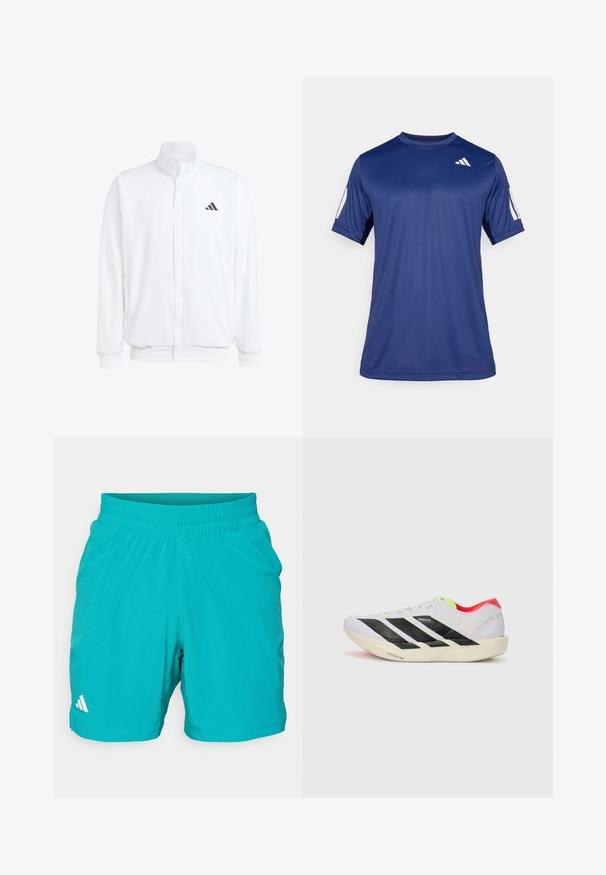 Λευκό ελαφρύ μπουφάν με όρθιο γιακά, φερμουάρ μπροστά, πλαϊνές τσέπες και μαύρο λογότυπο Adidas στο αριστερό στήθος. Μαλακή υφή.; Ναυτικό μπλε αθλητικό μπλουζάκι κοντού μανικιού φτιαγμένο από λείο ύφασμα, με στρογγυλή λαιμόκοψη και ένα λευκό λογότυπο στο πάνω αριστερό μέρος του στήθους.; Τελαυρίνες αθλητικές βερμούδες σε τυρκουάζ χρώμα με ελαστική μέση και υφή. Διαθέτουν λευκό λογότυπο στην κάτω αριστερή πλευρά.; Λευκό αθλητικό παπούτσι με μαύρες ρίγες, νεόν πράσινες λεπτομέρειες και κόκκινη φτέρνα. Διαθέτει ελαφρύ σχέδιο και υφή στη σόλα για καλύτερη πρόσφυση.