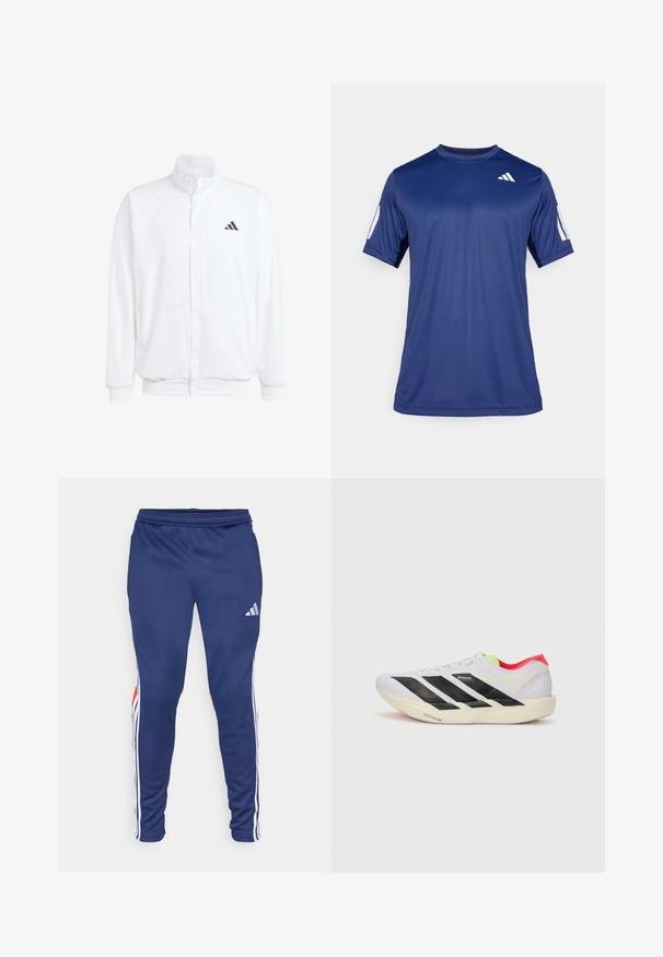 Biała lekka kurtka z podwyższonym kołnierzem, przednim zamkiem błyskawicznym, bocznymi kieszeniami oraz czarnym logo Adidas na lewej piersi. Miękka tekstura.; Granatowa koszulka sportowa z krótkim rękawem, wykonana z gładkiego materiału, z okrągłym dekoltem i białym logo na lewej górnej stronie klatki piersiowej.; Granatowe spodnie sportowe z białymi paskami po bokach i czerwonymi akcentami. Wykonane z gładkiego materiału z elastycznym paskiem w talii dla wygody. Posiadają logo Adidas.; Białe buty biegowe z czarnymi paskami, neonowozielonymi akcentami i czerwoną piętą. Posiadają lekką konstrukcję oraz teksturowaną podeszwę zapewniającą przyczepność.