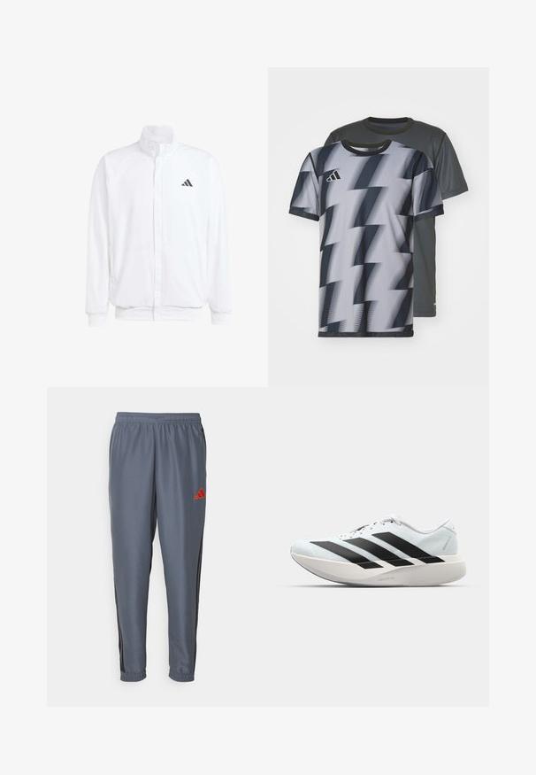White lightweight jacket featuring a stand collar, front zipper closure, side pockets, and a black Adidas logo on the left chest. Soft texture.; Two short-sleeve T-shirts: one gray with subtle texture, the other featuring a black and white zigzag pattern, both with crew necklines.; Gray athletic pants with an elastic waistband, tapered shape, black side stripes, and a red Adidas logo on the left thigh.; Lightweight running shoes in pale blue with black stripes. Features a smooth upper, round toe, and thick white midsole labeled "LIGHTSTRIKE PRO."