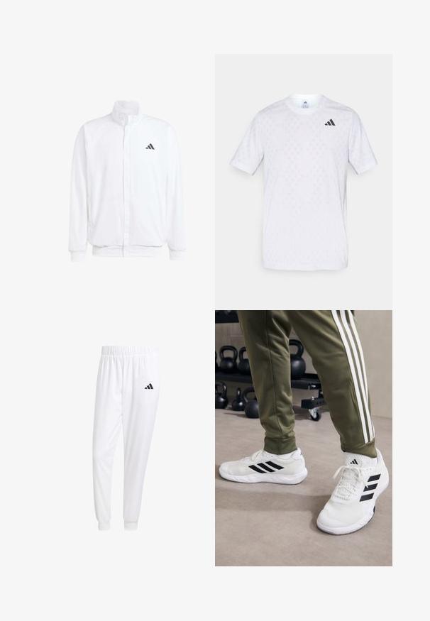Balta lengva striukė su stovinčiu apykaklės, priekyje užtrauktuku, šoninėmis kišenėmis ir juodu Adidas logotipu kairėje krūtinės pusėje. Minkšta tekstūra.; Balti trumpa rankovė t-shirto viršutinė dalis su subtiliu deimantų raštu, pagaminta iš lengvo audinio, su juodu adidas logotipu ant krūtinės.; Balti sportiniai keliaraiščiai, pagaminti iš lygios medžiagos, su elastinga liemene ir priglundančiais rankogaliais, ant galinio kišenės yra juodas logotipas.; Balti sportiniai bateliai su juodomis juostelėmis, akių audinio tekstūra ir paminkštinta apykakle, derinami su alyvuogių spalvos kelnėmis, turinčiomis baltas šonines juosteles.