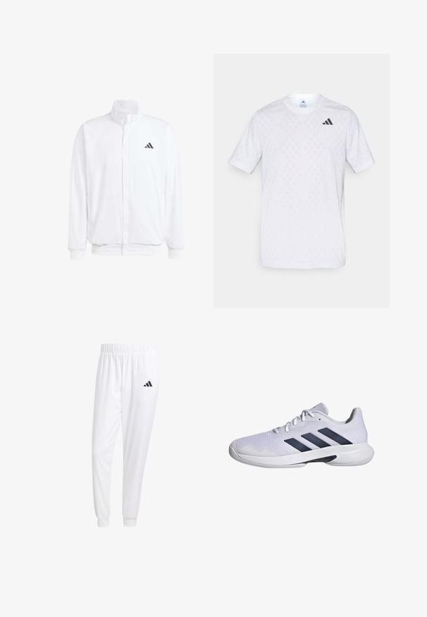 Chaqueta ligera blanca con cuello alzado, cierre frontal con cremallera, bolsillos laterales y un logo negro de Adidas en el lado izquierdo del pecho. Textura suave.; Camiseta de manga corta blanca con un sutil patrón de diamantes, fabricada en tejido ligero, con un logotipo de adidas negro en el pecho.; Pantalones deportivos blancos de tela suave, con cinturilla elástica y puños ajustados, y un logo negro en el bolsillo trasero.; Zapatilla deportiva blanca con parte superior de malla transpirable, diseño de tres rayas en azul marino, suela texturizada y punta redondeada para mayor estabilidad.