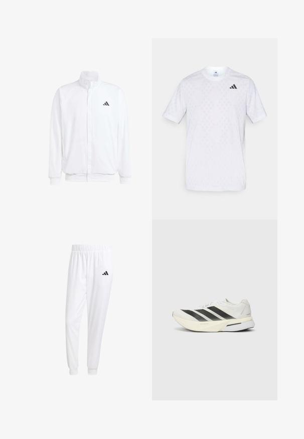 Bela lahka jakna s stojčnim ovratnikom, sprednjim zadrgo, stranskimi žepi in črnimi Adidasovimi logotipi na levem prsnem delu. Mehak material.; Bela majica s kratkimi rokavi z diskretnim diamond vzorcem, izdelana iz lahkotnega blaga, z črnim adidas logotipom na prsih.; Bele atletske hlače iz gladkega materiala, z elastičnim pasom in prilagojenimi manšetami, na zadnjem žepu pa je črna logo.; Bela športna obutev z črnimi črtami, lahka mrežasta zgornji del, zaobljen prst in oblazinjen podplat z oznako "Lightstrike Pro."