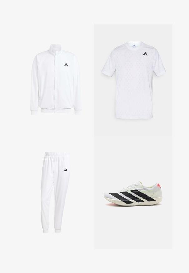 Bílá lehká bunda s stojatým límcem, předním zipem, bočními kapsami a černým logem Adidas na levé hrudi. Měkká textura.; Bílý tričko s krátkým rukávem s jemným diamantovým vzorem, vyrobené z lehkého materiálu, s černým logem adidas na hrudi.; Bílé sportovní kalhoty vyrobené z hladkého materiálu, s elastickým pasem a přiléhavými manžetami, s černým logem na zadní kapse.; Bílé sportovní boty s černými diagonálními pruhy, lehký síťovaný materiál, zelené akcenty a červená patní klapka; mají štíhlý, prodloužený design.