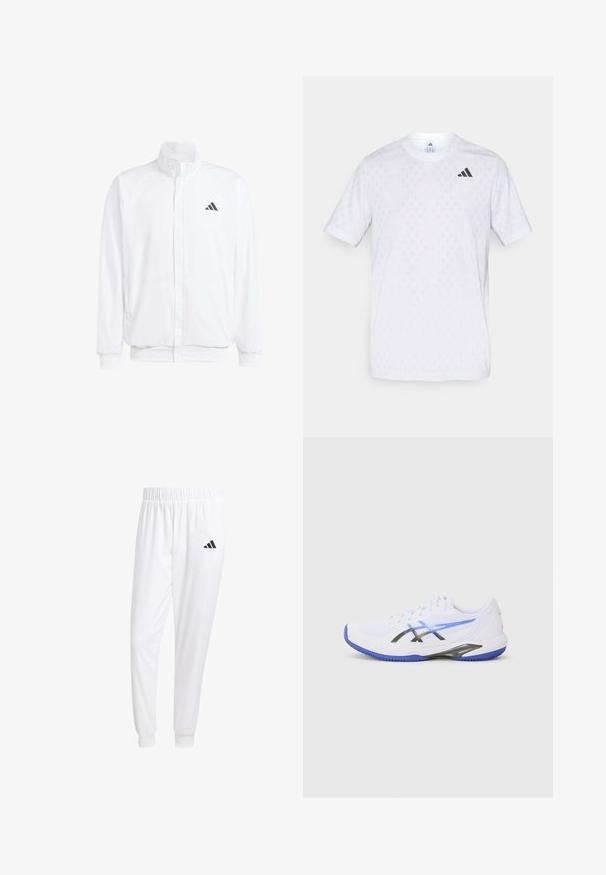 Biela ľahká bunda so stojáčikovým golierom, predným zipsom, bočnými vreckami a čiernym logom Adidas na ľavej hrudi. Mäkčená štruktúra.; Biele tričko s krátkym rukávom so jemným diamantovým vzorom, vyrobené z ľahkej tkaniny, s čiernym logom adidas na hrudi.; Biele športové nohavice z hladkej tkaniny, s elastickým pásom a priliehavými manžetami, s čiernym logom na zadnej vrecku.; Biele športové topánky s modrými akcentmi, s priedušným zvrškom, čiernymi prekrytiami a štruktúrovanou podrážkou pre trakciu. Navrhnuté pre výkon a podporu.