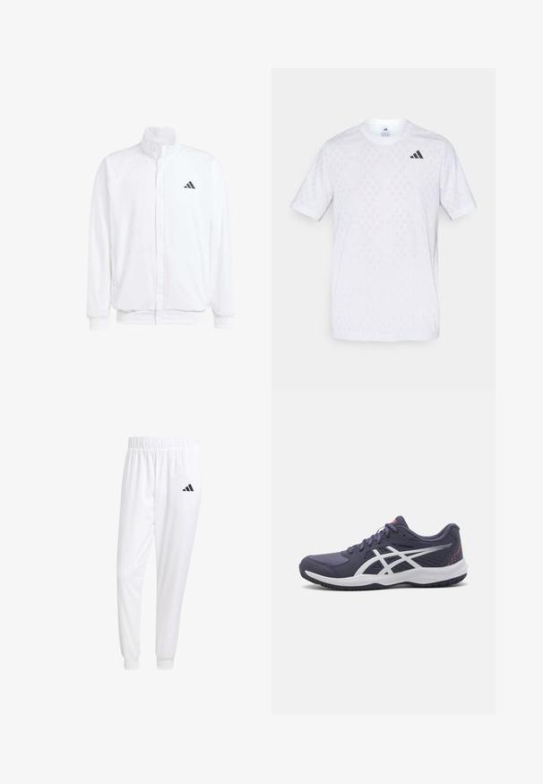 White lightweight jacket featuring a stand collar, front zipper closure, side pockets, and a black Adidas logo on the left chest. Soft texture.; White short-sleeve t-shirt featuring a subtle diamond pattern, made from lightweight fabric, with a black adidas logo on the chest.; White athletic pants made of smooth fabric, featuring an elastic waistband and fitted cuffs, with a black logo on the back pocket.; Dark navy athletic shoes with white accents, textured material, low-cut design, cushioned sole, and lace-up closure.