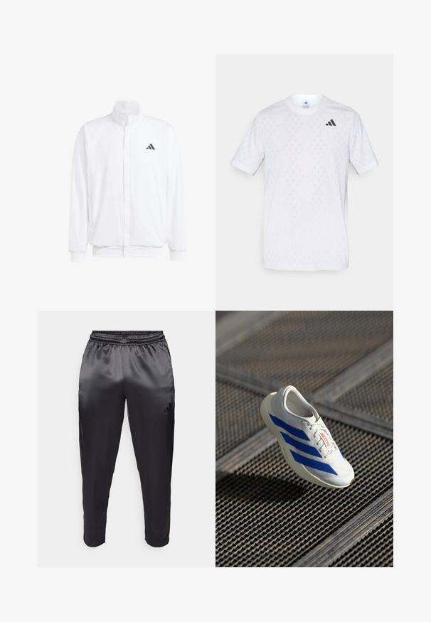 Giacca leggera bianca con colletto alto, chiusura frontale con zip, tasche laterali e logo Adidas nero sul lato sinistro del petto. Texture morbida.; Maglietta bianca a maniche corte con un sottile motivo a diamante, realizzata in tessuto leggero, con il logo adidas nero sul petto.; Pantaloni sportivi neri realizzati in un tessuto leggero e liscio con una vita elastica. Presentano un piccolo logo sul lato sinistro e gambe affusolate.; Scarpa atletica bianca con strisce blu, design leggero, parte superiore in mesh, chiusura con lacci e suola in gomma testurizzata, fluttuante sopra una superficie a griglia.