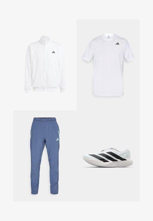 Casaco leve branco com colarinho alto, fecho frontal com zipper, bolsos laterais e um logótipo preto da Adidas no peito esquerdo. Textura suave.; T-shirt branca de mangas curtas com um padrão discreto de diamantes, feita de tecido leve, com o logótipo preto da adidas no peito.; Calças de desporto azul marinho, feitas de um tecido leve, com uma cintura elástica, design de perna afunilada e um logótipo branco da marca na lateral.; Tênis de corrida leves em azul pálido com riscas pretas. Apresentam um cabedal liso, bico redondo e uma entressola espessa branca rotulada como "LIGHTSTRIKE PRO."