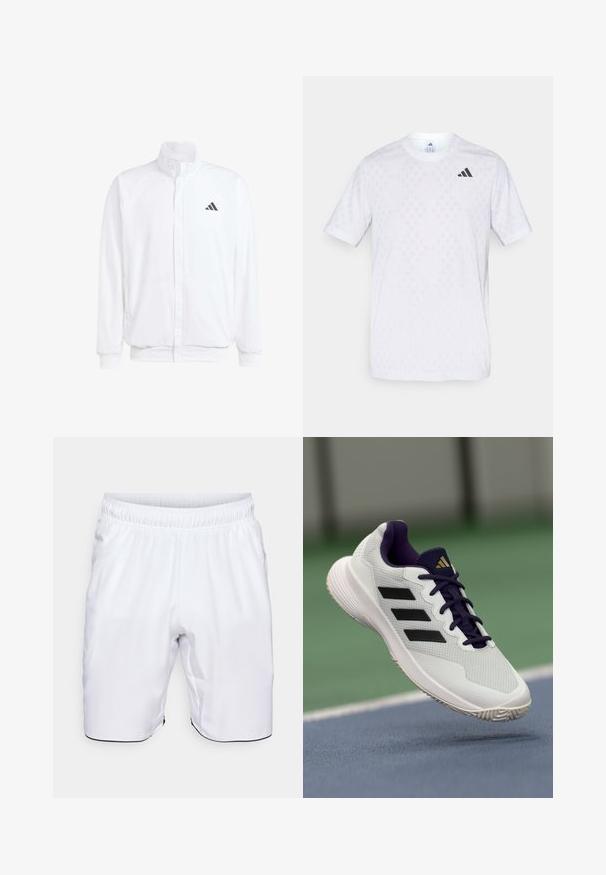 Witte lichtgewicht jas met een staande kraag, voorzijde met rits, zijzakken en een zwart Adidas-logo op de linkerborst. Zachte textuur.; Witte t-shirt met korte mouwen, voorzien van een subtiel ruitpatroon, gemaakt van lichte stof, met een zwart adidas-logo op de borst.; Witte sportshorts van lichtgewicht stof. Voorzien van een elastische tailleband en zijzakken, met contrasterende zwarte bies aan de onderrand.; Witte sportieve schoen met paarse accenten en zwarte strepen. Beschikt over een gestructureerde bovenkant en rubberen zool met een patroon voor grip.