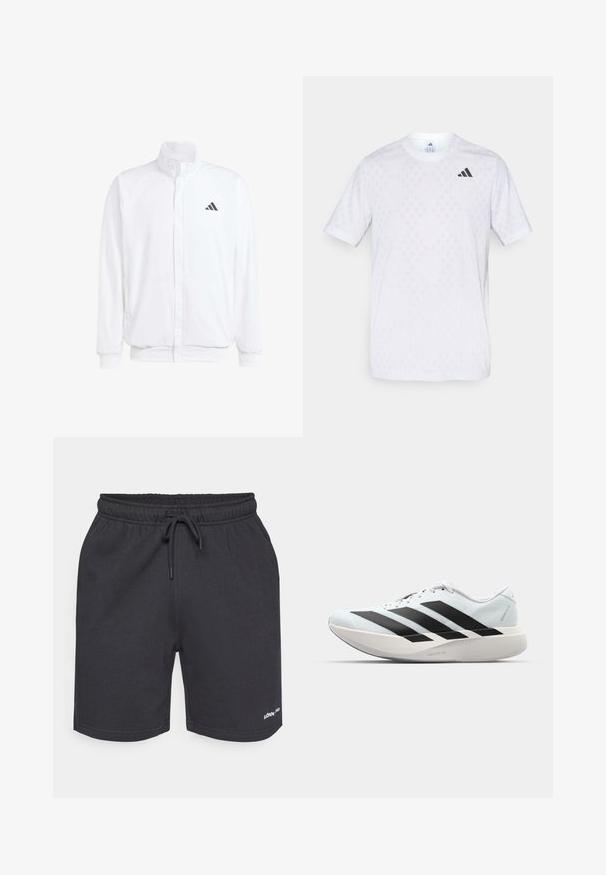 Λευκό ελαφρύ μπουφάν με όρθιο γιακά, φερμουάρ μπροστά, πλαϊνές τσέπες και μαύρο λογότυπο Adidas στο αριστερό στήθος. Μαλακή υφή.; Λευκό κοντομάνικο μπλουζάκι με διακριτό σχέδιο διαμαντίων, φτιαγμένο από ελαφρύ ύφασμα, με το μαύρο λογότυπο adidas στο στήθος.; Σκοτεινοί γκρι αθλητικοί σορτς φτιαγμένοι από μαλακό ύφασμα, με ελαστική ζώνη που διαθέτει κορδόνι προσαρμογής και ένα μικρό λογότυπο στο κάτω μέρος.; Ελαφριά αθλητικά παπούτσια τρεξίματος σε ανοιχτό μπλε με μαύρες ρίγες. Διαθέτουν λείο άνω μέρος, στρογγυλή μύτη και παχύ λευκό ενδιάμεσο πέλμα που φέρει την ετικέτα "LIGHTSTRIKE PRO."