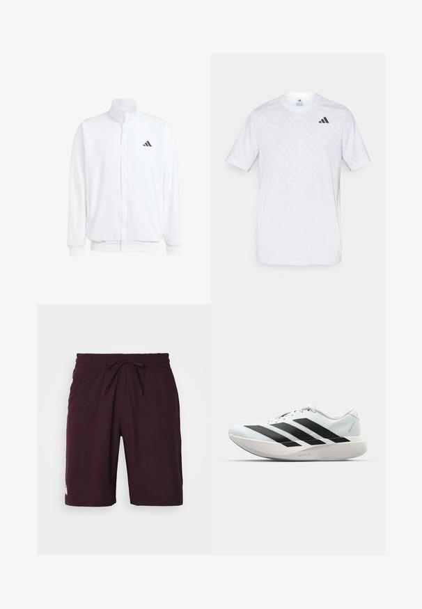 Bílá lehká bunda s stojatým límcem, předním zipem, bočními kapsami a černým logem Adidas na levé hrudi. Měkká textura.; Bílý tričko s krátkým rukávem s jemným diamantovým vzorem, vyrobené z lehkého materiálu, s černým logem adidas na hrudi.; Bordové šortky z texturované látky s elastickým pasem a šňůrkou na stažení, se malým bílým logem na spodním lemu.; Lehké běžecké boty v světle modré barvě s černými pruhy. Mají hladký svršek, kulatou špičku a silnou bílou mezipodešev označenou "LIGHTSTRIKE PRO."