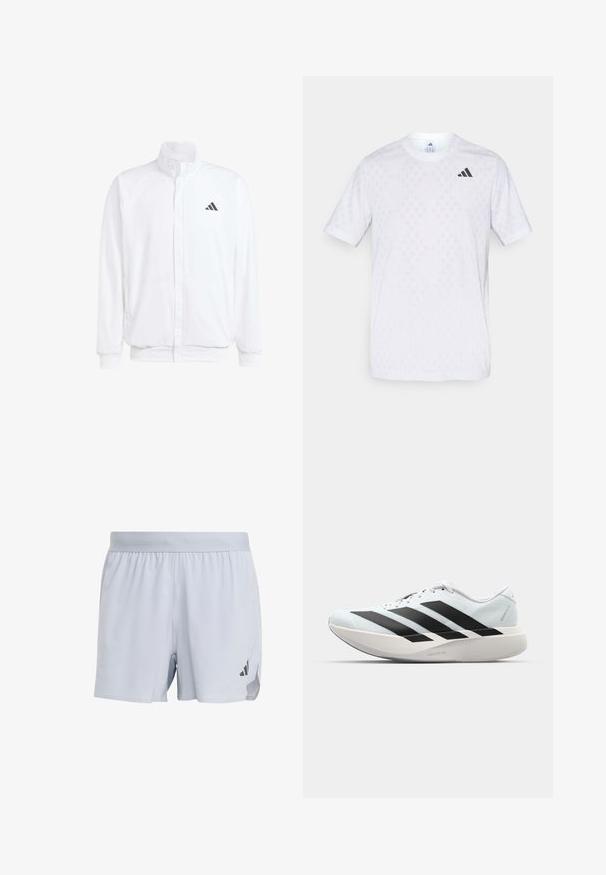 White lightweight jacket featuring a stand collar, front zipper closure, side pockets, and a black Adidas logo on the left chest. Soft texture.; White short-sleeve t-shirt featuring a subtle diamond pattern, made from lightweight fabric, with a black adidas logo on the chest.; Light gray athletic shorts made of breathable fabric, featuring a textured design, elastic waistband, and black logo accent on the side.; Lightweight running shoes in pale blue with black stripes. Features a smooth upper, round toe, and thick white midsole labeled "LIGHTSTRIKE PRO."