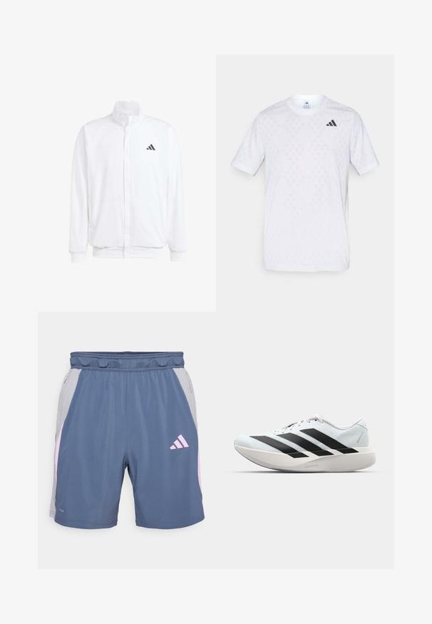 Witte lichtgewicht jas met een staande kraag, voorzijde met rits, zijzakken en een zwart Adidas-logo op de linkerborst. Zachte textuur.; Witte t-shirt met korte mouwen, voorzien van een subtiel ruitpatroon, gemaakt van lichte stof, met een zwart adidas-logo op de borst.; Blauwe sportshorts met grijze zijpanelen, roze accenten, elastische tailleband en ritszakken. Gemaakt van lichtgewicht, ademend materiaal.; Lichte hardloopschoenen in lichtblauw met zwarte strepen. Beschikt over een soepele bovenkant, ronde neusstuk en dikke witte tussenzool met het label "LIGHTSTRIKE PRO."