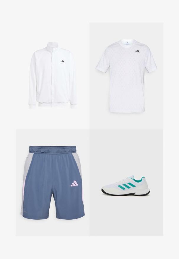 White lightweight jacket featuring a stand collar, front zipper closure, side pockets, and a black Adidas logo on the left chest. Soft texture.; White short-sleeve t-shirt featuring a subtle diamond pattern, made from lightweight fabric, with a black adidas logo on the chest.; Blue athletic shorts with grey side panels, pink accents, elastic waistband, and zipper pockets. Made from lightweight, breathable material.; White athletic shoe with turquoise accents, mesh upper, three parallel stripes on the side, structured heel, and a black rubber sole.