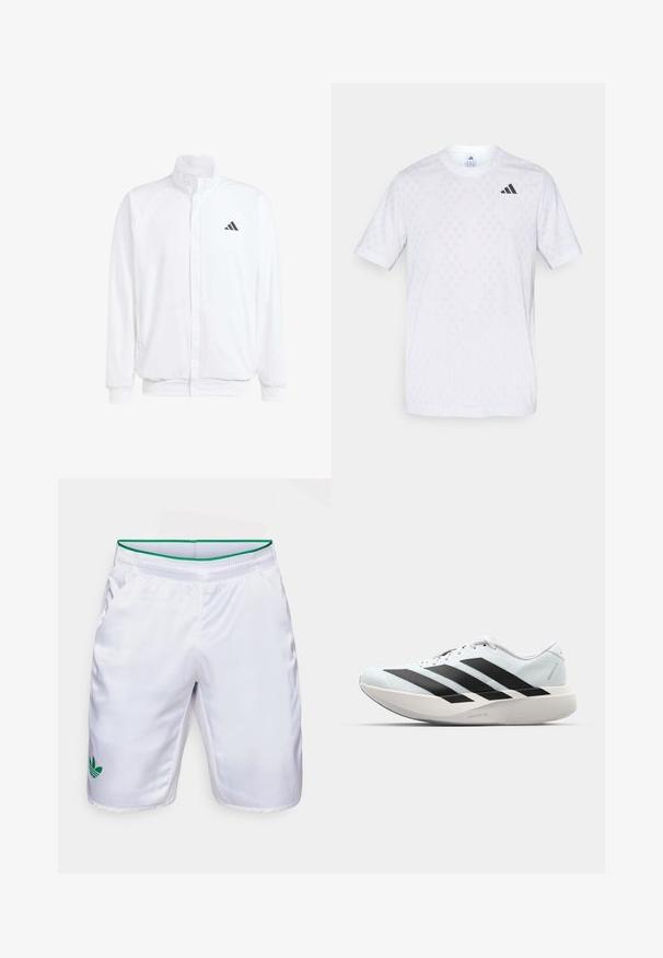 Biela ľahká bunda so stojáčikovým golierom, predným zipsom, bočnými vreckami a čiernym logom Adidas na ľavej hrudi. Mäkčená štruktúra.; Biele tričko s krátkym rukávom so jemným diamantovým vzorom, vyrobené z ľahkej tkaniny, s čiernym logom adidas na hrudi.; Biele športové šortky s zeleným pásom a zeleným logom Adidas trefoil. Vyrobené z hladkej a ľahkej tkaniny s bočnými vreckami.; Ľahké bežecké topánky v svetlomodrej farbe s čiernymi pruhmi. Majú hladký zvršok, okrúle špičky a hrubú bielu medzipodrážku označenú "LIGHTSTRIKE PRO."