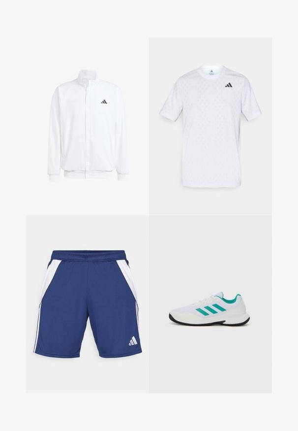 Valge kerge jakk, millel on seisev krae, ees lukuga kinnitus, küljetaskud ja must Adidas logo vasakul rinnal. Pehme tekstuur.; Valge lühikeste varrukatega T-särk, millel on peen teemantmuster, valmistatud kerge kangaga, musta adidasi logoga rinnal.; Tumes sinised spordilühikesed püksid valgete külgpaneelidega, elastne vöökoht ja logodetail alumisel äärel. Valmistatud kergest ja õhulisest kangast.; Valge sportlik king, millel on türkiissinised aktsendid, võrkkate, kolm paralleelset triipu küljel, struktureeritud kand ja must kummist tall.