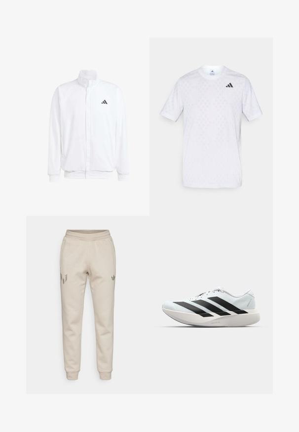 Weiße leichte Jacke mit Stehkragen, durchgehendem Reißverschluss, seitlichen Taschen und schwarzem Adidas-Logo auf der linken Brust. Weicher Stoff.; Weißes T-Shirt mit kurzen Ärmeln, das ein dezentes Diamantmuster aufweist, aus leichtem Stoff gefertigt, mit einem schwarzen adidas-Logo auf der Brust.; Beige Jogginghosen mit einer strukturierten Oberfläche. Ausgestattet mit einem elastischen Bund und schmal zulaufenden Beinen. Auffällige Logos auf dem linken Oberschenkel und der rechten Tasche.; Leichte Laufschuhe in hellblau mit schwarzen Streifen. Sie verfügen über ein glattes Obermaterial, eine runde Zehenpartie und eine dicke weiße Zwischensohle, die mit "LIGHTSTRIKE PRO" beschriftet ist.