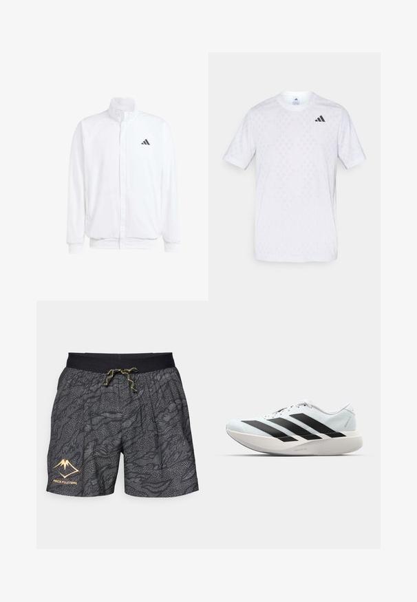 Veste légère blanche avec col montant, fermeture éclair sur le devant, poches latérales, et un logo Adidas noir sur la poitrine gauche. Texture douce.; T-shirt blanc à manches courtes avec un motif diamante subtil, fabriqué à partir d'un tissu léger, avec un logo adidas noir sur la poitrine.; Shorts noirs avec un motif texturé de vagues grises et des accents en pointillés. Dotés d'une ceinture élastique noire avec un cordon jaune et un logo.; Baskets de course légères en bleu pâle avec des rayures noires. Elles présentent un dessus lisse, un embout rond et une semelle intermédiaire blanche épaisse étiquetée "LIGHTSTRIKE PRO".