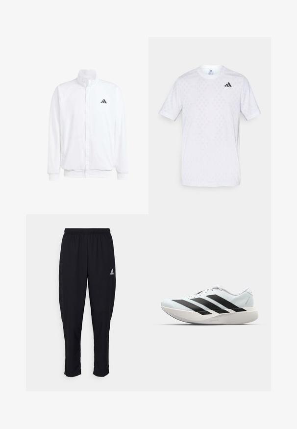 Balts viegls jaciņš ar stāvo apkakli, priekšējo rāvējslēdzēju, sānu kabatām un melnu Adidas logo kreisajā krūtī. Mīksta tekstūra.; Balta īsām piedurknēm T-kreklā ar vieglu dimanta rakstu, izgatavota no viegla auduma, ar melnu adidas logo uz krūts.; Melnas sporta bikses, kas izgatavotas no viegla auduma, ar elastīgu jostasvannu, sašaurinātām kājām un mazu logotipu kreisajā šlaunī.; Gaiši zili vieglie skriešanas apavi ar melniem svītrainiem. Iezīmēti ar gludu augšpusi, apaļu purngalu un biezāko balto vidējo zoli, kurā ir uzraksts "LIGHTSTRIKE PRO."