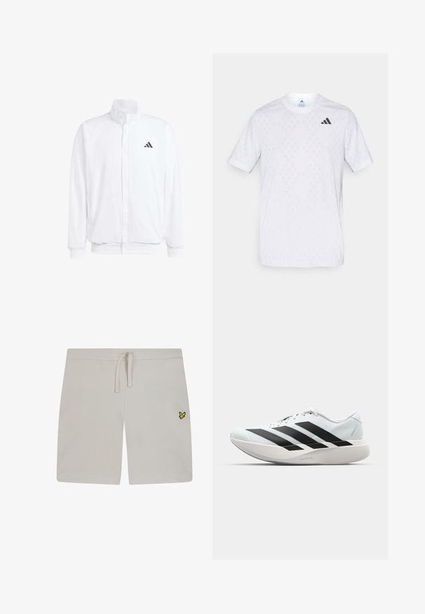 Veste légère blanche avec col montant, fermeture éclair sur le devant, poches latérales, et un logo Adidas noir sur la poitrine gauche. Texture douce.; T-shirt blanc à manches courtes avec un motif diamante subtil, fabriqué à partir d'un tissu léger, avec un logo adidas noir sur la poitrine.; Shorts en coton gris clair avec une taille élastique et un cordon de serrage. Présente un petit logo jaune sur le côté gauche. Texture lisse.; Baskets de course légères en bleu pâle avec des rayures noires. Elles présentent un dessus lisse, un embout rond et une semelle intermédiaire blanche épaisse étiquetée "LIGHTSTRIKE PRO".