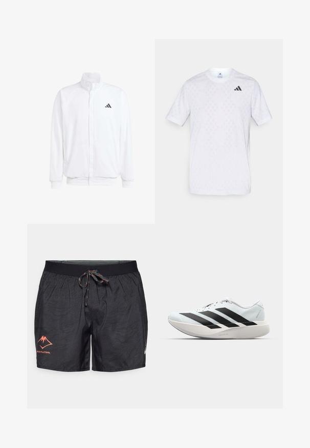 Bílá lehká bunda s stojatým límcem, předním zipem, bočními kapsami a černým logem Adidas na levé hrudi. Měkká textura.; Bílý tričko s krátkým rukávem s jemným diamantovým vzorem, vyrobené z lehkého materiálu, s černým logem adidas na hrudi.; Černé sportovní šortky z lehkého, strukturovaného materiálu. Mezi jejich prvky patří elastický pas s barevným šňůrkovým stahováním a jemné vzory.; Lehké běžecké boty v světle modré barvě s černými pruhy. Mají hladký svršek, kulatou špičku a silnou bílou mezipodešev označenou "LIGHTSTRIKE PRO."