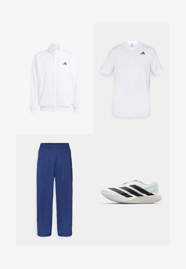 Witte lichtgewicht jas met een staande kraag, voorzijde met rits, zijzakken en een zwart Adidas-logo op de linkerborst. Zachte textuur.; Witte t-shirt met korte mouwen, voorzien van een subtiel ruitpatroon, gemaakt van lichte stof, met een zwart adidas-logo op de borst.; Marineblauwe, losse broek met een elastische tailleband, voorzien van twee voorkruis en subtiele zijaccenten voor extra detail.; Lichte hardloopschoenen in lichtblauw met zwarte strepen. Beschikt over een soepele bovenkant, ronde neusstuk en dikke witte tussenzool met het label "LIGHTSTRIKE PRO."