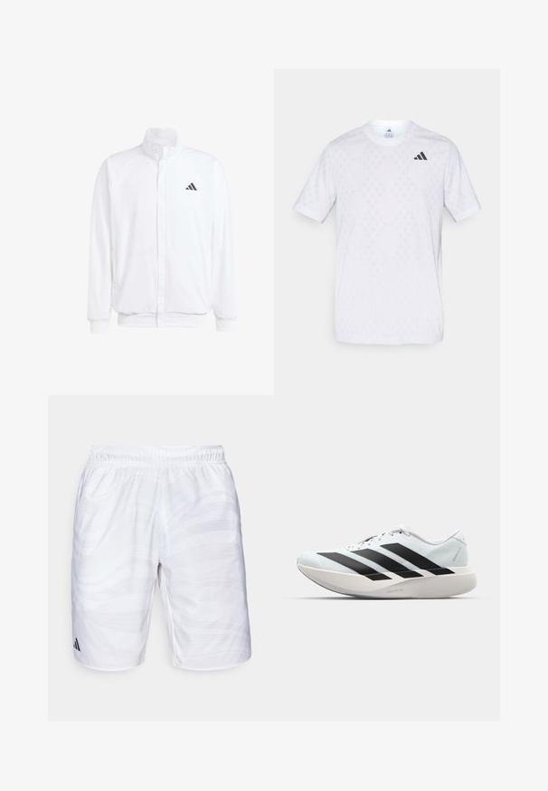 Chaqueta ligera blanca con cuello alzado, cierre frontal con cremallera, bolsillos laterales y un logo negro de Adidas en el lado izquierdo del pecho. Textura suave.; Camiseta de manga corta blanca con un sutil patrón de diamantes, fabricada en tejido ligero, con un logotipo de adidas negro en el pecho.; Pantalones cortos deportivos blancos con una cinturilla elástica, que presentan un sutil patrón de olas y puntos. Acento del logo negro cerca del dobladillo.; Zapatillas de running ligeras en azul pálido con rayas negras. Presentan una parte superior suave, puntera redonda y una gruesa mediasuela blanca etiquetada como "LIGHTSTRIKE PRO".