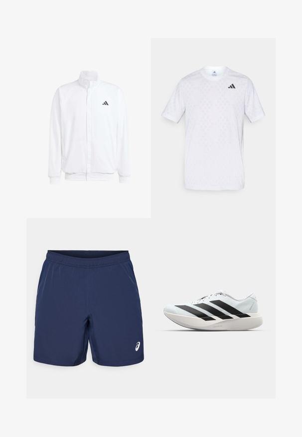 Jachetă albă ușoară, cu guler în picioare, închidere cu fermoar în față, buzunare laterale și un logo Adidas negru pe pieptul stâng. Textură moale.; Tricou alb cu mânecă scurtă, cu un model discret de diamante, fabricat dintr-un material ușor, având un logo negru adidas pe piept.; Şorturi de atletism bleumarin, cu un talie elastică, dintr-un material sintetic neted și cu un accent de logo alb în partea stângă jos.; Pantofi de alergare ușori în albastru deschis cu dungi negre. Au un superior neted, vârf rotund și o intermediară groasă albă etichetată "LIGHTSTRIKE PRO."