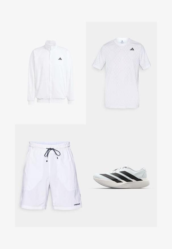 Casaco leve branco com colarinho alto, fecho frontal com zipper, bolsos laterais e um logótipo preto da Adidas no peito esquerdo. Textura suave.; T-shirt branca de mangas curtas com um padrão discreto de diamantes, feita de tecido leve, com o logótipo preto da adidas no peito.; Bermudas de banho brancas com cintura ajustável e detalhes em azul-marinho, apresentando bolsos laterais e um logótipo na parte inferior esquerda. Tecido leve.; Tênis de corrida leves em azul pálido com riscas pretas. Apresentam um cabedal liso, bico redondo e uma entressola espessa branca rotulada como "LIGHTSTRIKE PRO."