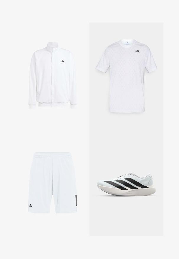 Balta lengva striukė su stovinčiu apykaklės, priekyje užtrauktuku, šoninėmis kišenėmis ir juodu Adidas logotipu kairėje krūtinės pusėje. Minkšta tekstūra.; Balti trumpa rankovė t-shirto viršutinė dalis su subtiliu deimantų raštu, pagaminta iš lengvo audinio, su juodu adidas logotipu ant krūtinės.; Baltos sportinės kelnaitės su elastinga juosmens juosta, šonuose yra trys juodos juostos ir juodas logotipas ant apatinės kairios kojos dalies.; Lengvi bėgimo batai šviesiai mėlynos spalvos su juodomis juostelėmis. Yra lygus viršus, apvalus pirštas ir storas baltas vidpadis su užrašu "LIGHTSTRIKE PRO."