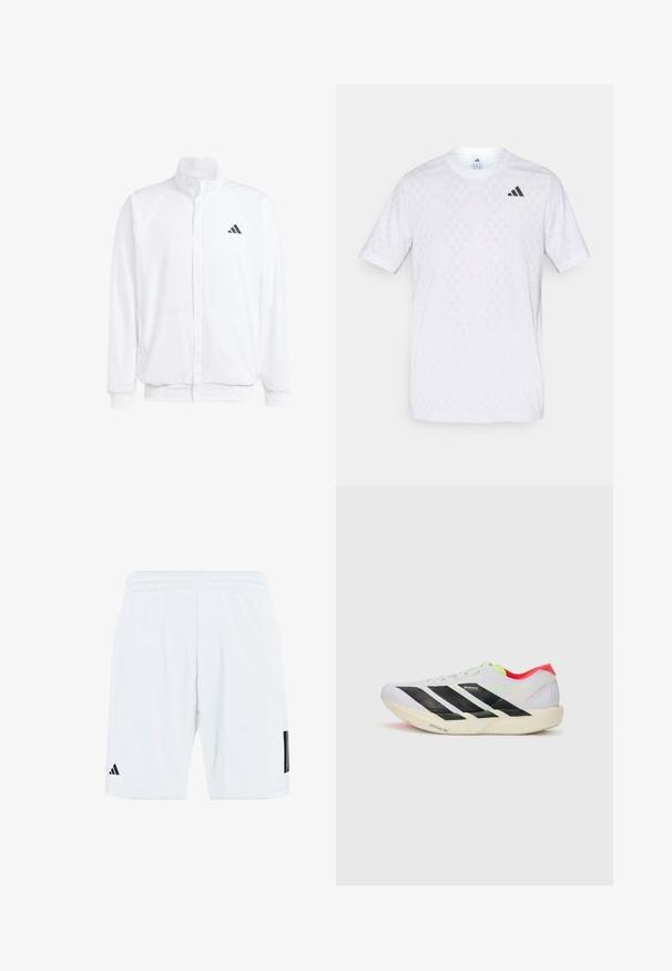 Biela ľahká bunda so stojáčikovým golierom, predným zipsom, bočnými vreckami a čiernym logom Adidas na ľavej hrudi. Mäkčená štruktúra.; Biele tričko s krátkym rukávom so jemným diamantovým vzorom, vyrobené z ľahkej tkaniny, s čiernym logom adidas na hrudi.; Biele atletické šortky s elastickým pásom, so štyrmi čiernymi pruhmi na bokoch a čiernym logom na dolnej ľavej nohe.; Biele behacie topánky s čiernymi pruhmi, neonovo zelenými akcentmi a červeným podpätkom. Majú ľahkú konštrukciu a textúrovanú podrážku pre lepšiu trakciu.