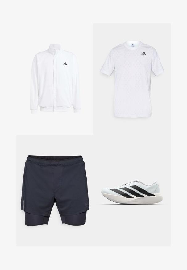 Weiße leichte Jacke mit Stehkragen, durchgehendem Reißverschluss, seitlichen Taschen und schwarzem Adidas-Logo auf der linken Brust. Weicher Stoff.; Weißes T-Shirt mit kurzen Ärmeln, das ein dezentes Diamantmuster aufweist, aus leichtem Stoff gefertigt, mit einem schwarzen adidas-Logo auf der Brust.; Männer Sportshorts in dunkelblau mit elastischem Bund, geschichtetem Design und inneren Kompressionsshorts. Mit einer Seitentasche und Logo.; Leichte Laufschuhe in hellblau mit schwarzen Streifen. Sie verfügen über ein glattes Obermaterial, eine runde Zehenpartie und eine dicke weiße Zwischensohle, die mit "LIGHTSTRIKE PRO" beschriftet ist.