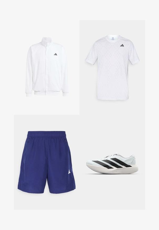 Balta lengva striukė su stovinčiu apykaklės, priekyje užtrauktuku, šoninėmis kišenėmis ir juodu Adidas logotipu kairėje krūtinės pusėje. Minkšta tekstūra.; Balti trumpa rankovė t-shirto viršutinė dalis su subtiliu deimantų raštu, pagaminta iš lengvo audinio, su juodu adidas logotipu ant krūtinės.; Tamsiai mėlynos sportinės šortai su elastinga juosta, šoninėmis užtrauktukų kišenėmis ir baltu logotipu apatinėje dešinėje pusėje. Lygus, lengvas audinys.; Lengvi bėgimo batai šviesiai mėlynos spalvos su juodomis juostelėmis. Yra lygus viršus, apvalus pirštas ir storas baltas vidpadis su užrašu "LIGHTSTRIKE PRO."