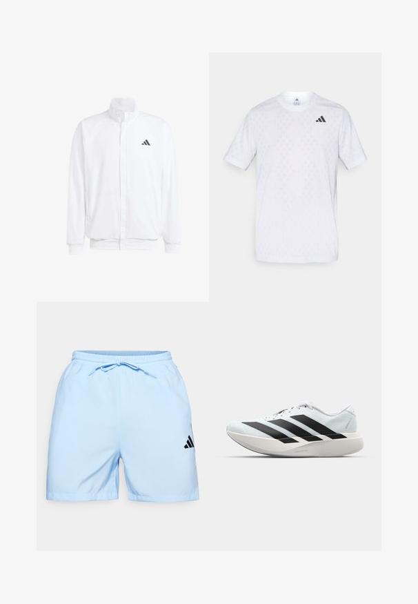 Casaco leve branco com colarinho alto, fecho frontal com zipper, bolsos laterais e um logótipo preto da Adidas no peito esquerdo. Textura suave.; T-shirt branca de mangas curtas com um padrão discreto de diamantes, feita de tecido leve, com o logótipo preto da adidas no peito.; Calções atléticos azuis claros feitos de um tecido suave, com uma cintura elástica e cordão de ajuste, e um logo preto da Adidas na lateral.; Tênis de corrida leves em azul pálido com riscas pretas. Apresentam um cabedal liso, bico redondo e uma entressola espessa branca rotulada como "LIGHTSTRIKE PRO."