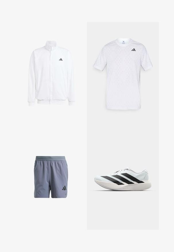 Biała lekka kurtka z podwyższonym kołnierzem, przednim zamkiem błyskawicznym, bocznymi kieszeniami oraz czarnym logo Adidas na lewej piersi. Miękka tekstura.; Biała koszulka z krótkim rękawem z subtelnym wzorem w diamenty, wykonana z lekkiego materiału, z czarnym logo adidas na klatce piersiowej.; Szare spodenki sportowe z elastycznym pasem, strukturalną tkaniną, bocznymi kieszeniami i czarnym logo na dolnej lewej nodze.; Lekkie buty do biegania w jasnoniebieskim kolorze z czarnymi pasami. Posiadają gładką cholewkę, okrągły nosek oraz grubą białą podeszwę środkową oznaczoną "LIGHTSTRIKE PRO."