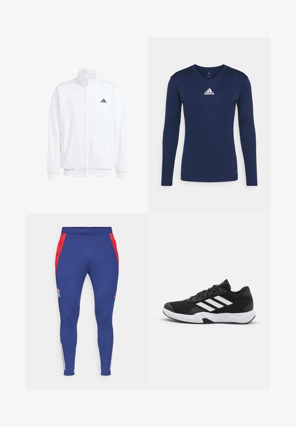 Weiße leichte Jacke mit Stehkragen, durchgehendem Reißverschluss, seitlichen Taschen und schwarzem Adidas-Logo auf der linken Brust. Weicher Stoff.; Navy langärmliges Sporthemd aus strukturiertem Stoff mit V-Ausschnitt und weißem Adidas-Logo auf der Brust. Schlichtes Design, taillierte Form.; Navy Sporthosen mit roten Seitenstreifen, einem Logo am Oberschenkel und weißen Streifen an den Knöcheln. Aus einem dehnbaren, glatten Stoff gefertigt.; Schwarze Sportschuhe mit einem strukturierten Mesh-Obermaterial, weißen Akzentstreifen, einer gepolsterten Sohle und einer verstärkten Ferse für Unterstützung.