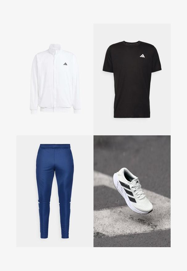 Biała lekka kurtka z podwyższonym kołnierzem, przednim zamkiem błyskawicznym, bocznymi kieszeniami oraz czarnym logo Adidas na lewej piersi. Miękka tekstura.; Czarna bawełniana koszulka z krótkim rękawem, okrągłym dekoltem i białym logo na lewej piersi. Gładka tekstura i prosty design.; Granatowe spodnie sportowe o gładkiej, gładkiej fakturze, z białymi paskami po bokach, elastycznym paskiem w talii i zwężonym krojem nogawki.; Białe buty sportowe z teksturowaną siateczką, czarnymi paskami, z zapięciem na sznurowadła i wyściełaną podeszwą, unoszące się nad oznaczoną nawierzchnią drogi.
