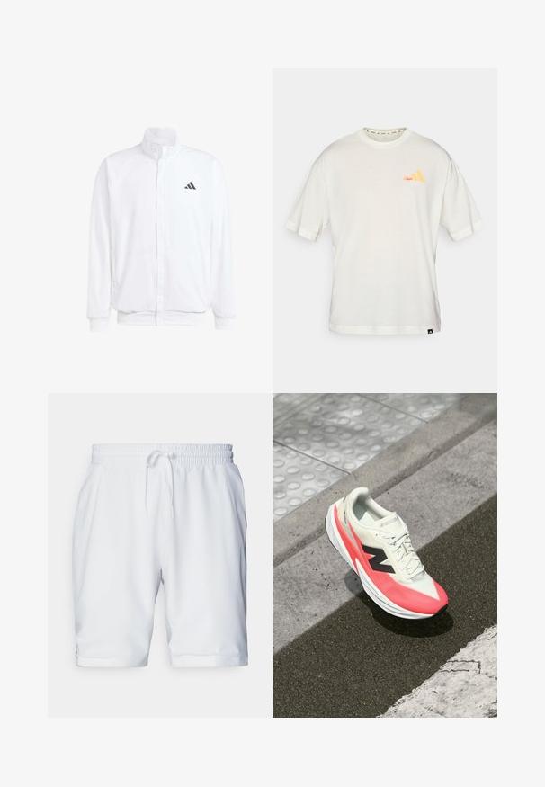 Balta lengva striukė su stovinčiu apykaklės, priekyje užtrauktuku, šoninėmis kišenėmis ir juodu Adidas logotipu kairėje krūtinės pusėje. Minkšta tekstūra.; Balta trumpomis rankovėmis marškinėliai, pagaminti iš minkštos medžiagos, su oranžiniu logotipo grafinu ant kairės krūtinės ir kontrastingomis rankovėmis.; Balti sportiniai šortai su elastingu juosmeniu ir reguliuojamu raiščiu. Lygus audinys su subtilia tekstūra, su šoninėmis kišenėmis.; Lengvas bėgimo batelis su kreminiu viršumi, rožiniais akcentais ir juodu logotipu. Turi srautą formuojančią formą ir tekstūruotą padą, kad būtų užtikrintas sukibimas.