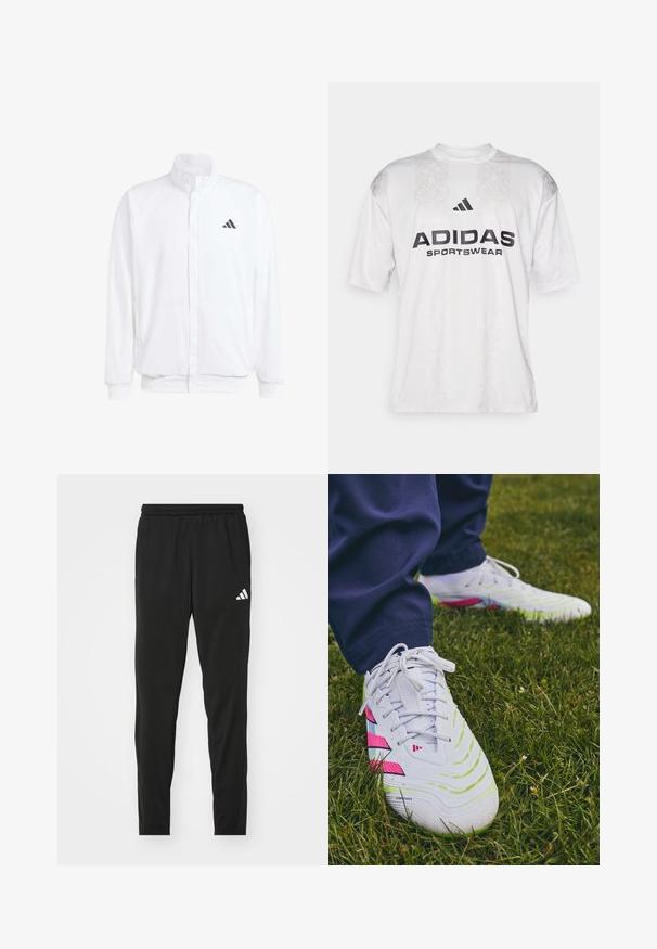 Jachetă albă ușoară, cu guler în picioare, închidere cu fermoar în față, buzunare laterale și un logo Adidas negru pe pieptul stâng. Textură moale.; adidas Sportswear TIRO TEE - Tricou cu imprimeu - grey one/black; Pantaloni de sport negri cu talie elastică, design tapered și logo Adidas alb pe coapsa stângă. Material neted și ușor.; Pantofi sport albi cu suprafețe texturate, accente verzi și roz, și un model distinctiv al tălpii, așezați pe iarbă.
