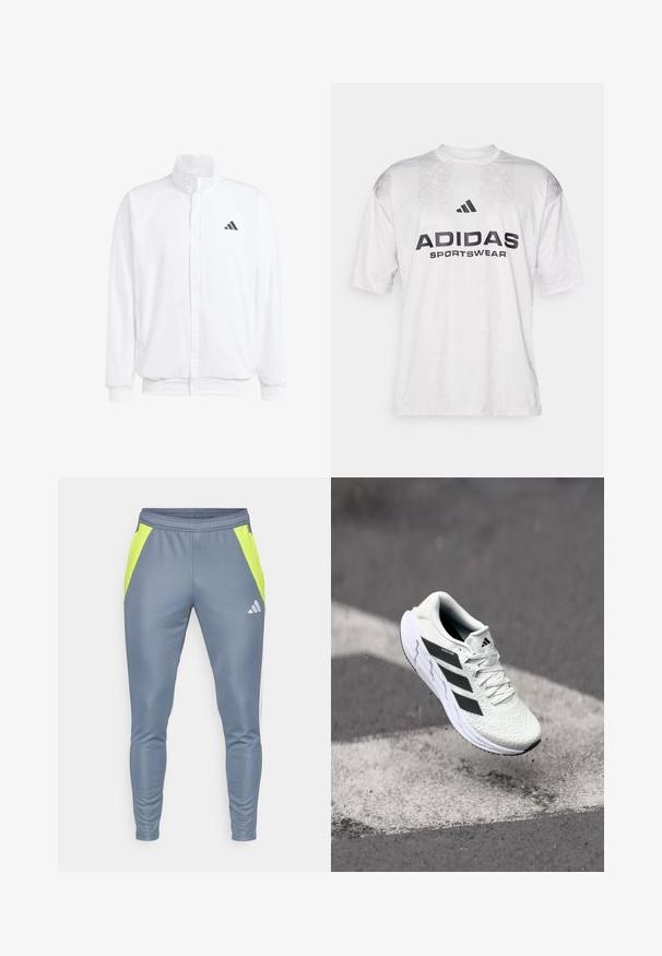 Balts viegls jaciņš ar stāvo apkakli, priekšējo rāvējslēdzēju, sānu kabatām un melnu Adidas logo kreisajā krūtī. Mīksta tekstūra.; adidas Sportswear TIRO TEE - Apdrukāts T-krekls - grey one/black; Pelēki sporta bikses ar neona dzelteniem sānu paneļiem, elastīgu jostu, sašaurinātu kāju dizainu un atstarotāju logotipu priekšā.; Baltas sporta apavs ar teksturētu sietu augšu, melnām svītrām, auklu aizdari un mīkstu zoli, kas levitē virs marķētas ceļa virsmas.