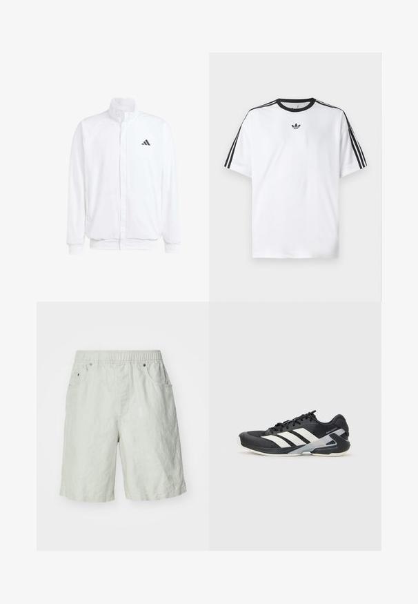 Veste légère blanche avec col montant, fermeture éclair sur le devant, poches latérales, et un logo Adidas noir sur la poitrine gauche. Texture douce.; T-shirt blanc en coton, doté d'un col rond noir et de trois rayures noires sur chaque épaule. Petit logo noir sur la poitrine.; Shorts gris clair en tissu texturé, dotés d'une taille élastique, de deux poches latérales et d'une coupe décontractée.; Chaussure de sport noire avec des rayures blanches, tige en mesh, bout arrondi et semelle rembourrée. Comprend un talon texturé et un système de laçage sécurisé.