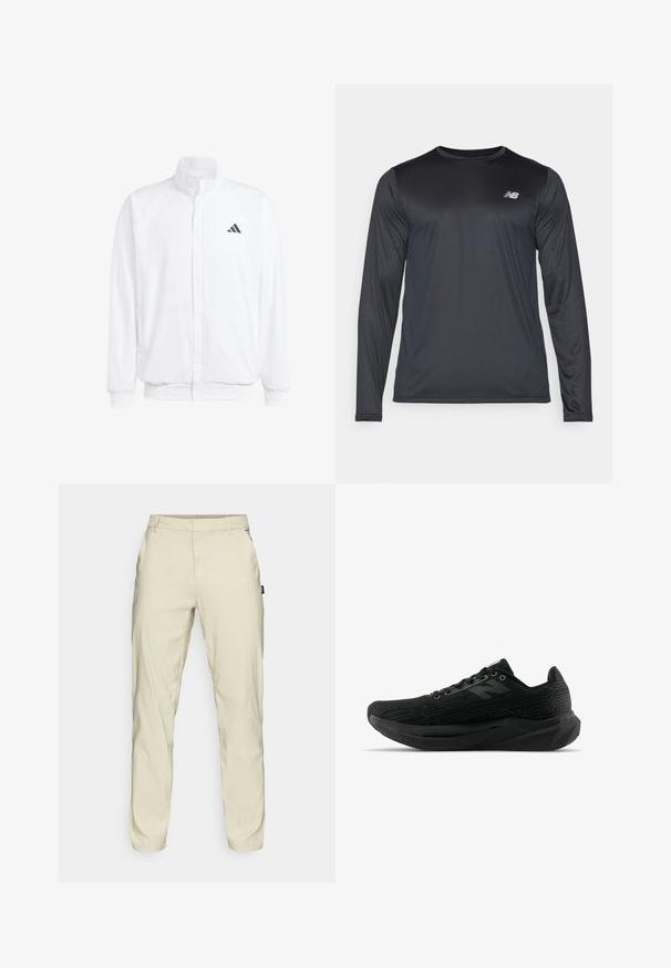 Biela ľahká bunda so stojáčikovým golierom, predným zipsom, bočnými vreckami a čiernym logom Adidas na ľavej hrudi. Mäkčená štruktúra.; Dlhý rukáv športová košeľa v čiernej farbe, vyrobená z hladkej, ľahkej tkaniny s jemnou textúrou. Obsahuje malé logo na hornej ľavej časti hrudníka.; Oakley TERRAIN PANT - Nohavice - silver sage/white; Čierne športové topánky s textúrovaným zvrškom, ktoré majú elegantný dizajn, šnurovanie a hrubšiu podrážku s dezénom pre lepšiu priľnavosť.