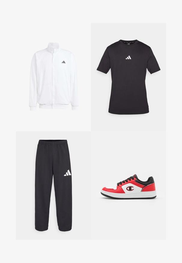 Bela lahka jakna s stojčnim ovratnikom, sprednjim zadrgo, stranskimi žepi in črnimi Adidasovimi logotipi na levem prsnem delu. Mehak material.; Črna majica s kratkimi rokavi iz bombaža, ki ima belo Adidas logo na prsih, okroglo ovratnico in standardno prileganje.; Črne trenirke z udobnim fitom, ki imajo elastičen pas in bel geometrijski logo na levem hlačniku. Gladka tekstura tkanine.; Champion REBOUND 2 0 LOW - Košarkarski copati - red/white/new black