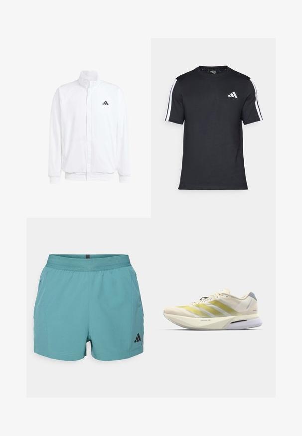 Casaco leve branco com colarinho alto, fecho frontal com zipper, bolsos laterais e um logótipo preto da Adidas no peito esquerdo. Textura suave.; T-shirt preto feito de algodão, com mangas curtas, apresentando riscas brancas nos ombros e um logótipo branco no lado esquerdo do peito.; Calções atléticos em azul-petróleo com uma cintura texturizada, bolsos laterais e o logótipo preto da Adidas no lado inferior direito. Tecido leve.; Sapatilha de corrida com um cabedal leve em malha creme, apresentando riscas amarelas, uma entressola branca acolchoada e um detalhe em cinza no calcanhar.