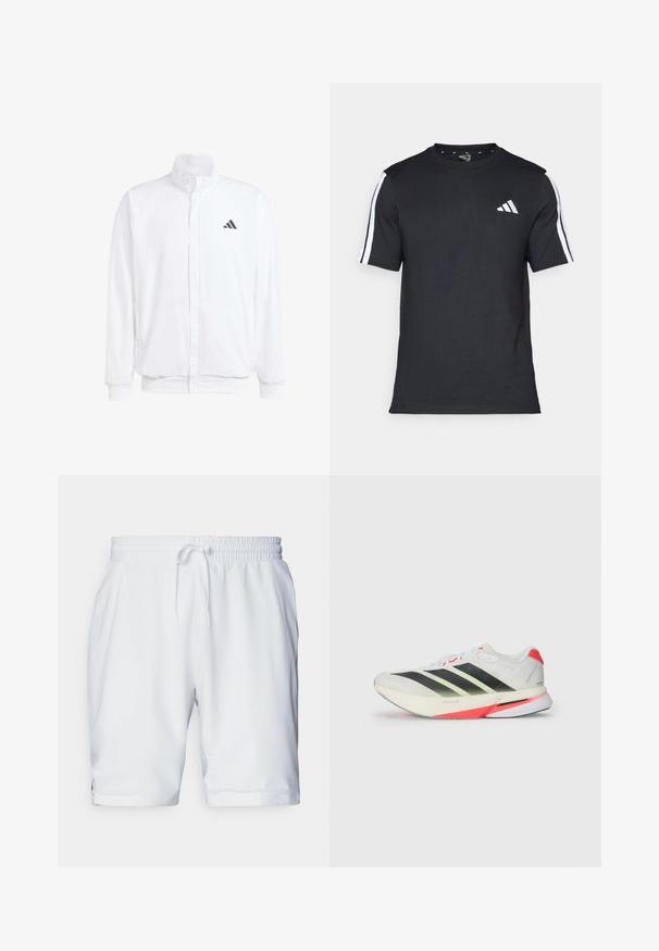 Jachetă albă ușoară, cu guler în picioare, închidere cu fermoar în față, buzunare laterale și un logo Adidas negru pe pieptul stâng. Textură moale.; Tricou negru din bumbac, cu mâneci scurte, având dungi albe pe umeri și un logo alb pe pieptul stâng.; Shorts sportive albe cu talie elastică și șnur ajustabil. Țesătură netedă cu o textură subtilă, având buzunare laterale.; Adidași albi cu dungi negre și verzi neon, peste, texturat, accente roșii pe călcâie și o talpă ușoară.