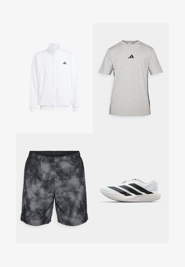 Valge kerge jakk, millel on seisev krae, ees lukuga kinnitus, küljetaskud ja must Adidas logo vasakul rinnal. Pehme tekstuur.; Hall musta, lühikeste varrukatega, valmistatud puuvillast, millel on rinna peal must Adidas logo ja mustad külgmised aktsendid. Ümmargune kaelus.; Hallutsed hallid ja mustad sportlikud lühikesed püksid, millel on pilvekujulised mustrid, elastne vöökoht ja küljetaskud. Kangas tundub kerge ja hingav.; Kerged jooksujalatsid helesinises värvuses mustade triipudega. Omavad siledat pealispinda, ümarat varvase osa ja paksu valget vahemõõtu, millel on silt "LIGHTSTRIKE PRO".