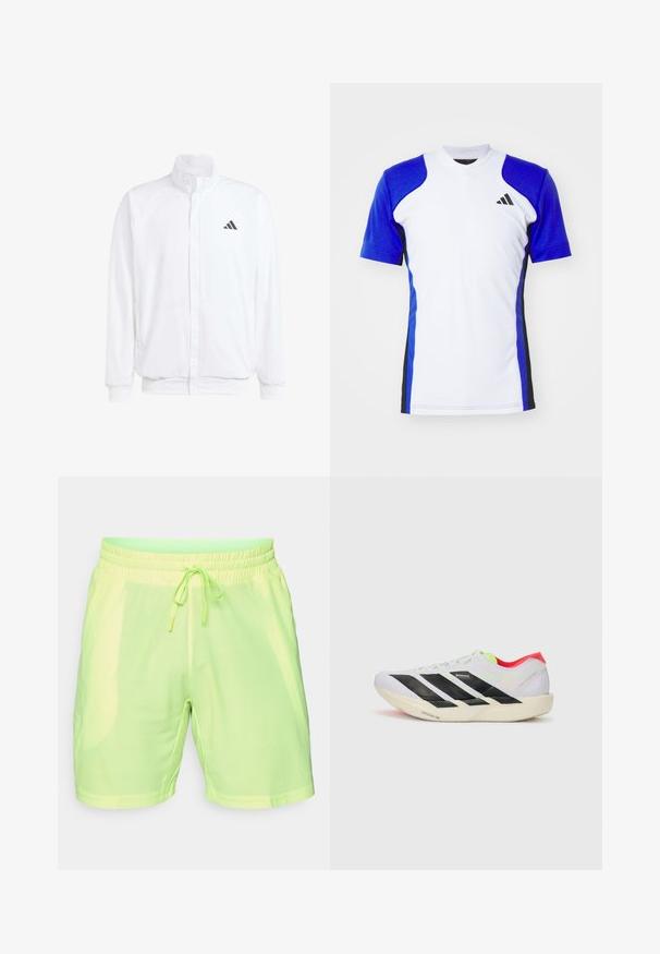 White lightweight jacket featuring a stand collar, front zipper closure, side pockets, and a black Adidas logo on the left chest. Soft texture.; Short-sleeve athletic shirt in white with blue sleeves, featuring black side accents and a small black logo on the chest. Smooth fabric finish.; Lime green athletic shorts made from lightweight, breathable mesh fabric with an elastic waistband and drawstring. Features a textured pattern.; White running shoe with black stripes, neon green accents, and a red heel. Features a lightweight design and textured sole for grip.